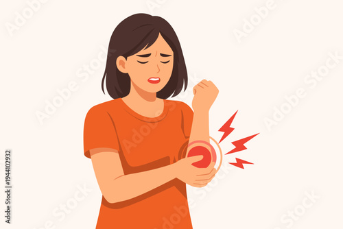 Young woman suffering from severe elbow joint pain or injury, holding her arm with a distressed expression, flat vector illustration with red pain indicators for medical and health concepts.