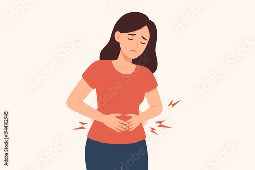 Flat vector illustration of a young woman experiencing intense stomach ache, abdominal pain, or menstrual cramps, holding her belly with a sad expression, isolated on a light background.