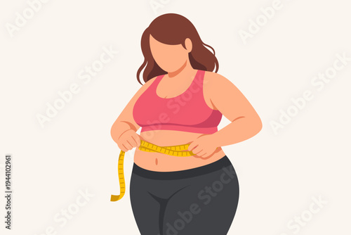 Flat vector illustration of an overweight woman in a pink sports bra and black leggings measuring her waist with a yellow tape measure, symbolizing weight loss, obesity, fitness, and health goals.