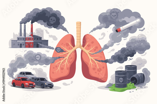 Vector illustration of human lungs inhaling toxic air pollutants from industrial factories, cigarette smoke, car exhaust emissions, and hazardous chemical waste, representing environmental health.