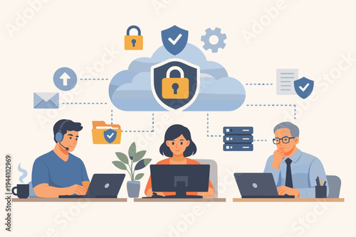 Flat Vector Illustration of Business Professionals Working on Computers and Laptops Connected to a Secure Cloud Storage Service with Data Protection, Cybersecurity, and Network Privacy Icons