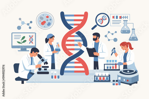 Scientific researchers working in a medical laboratory with DNA material, using microscopes, test tubes, and advanced equipment for genetic engineering and biotechnology research flat illustration.