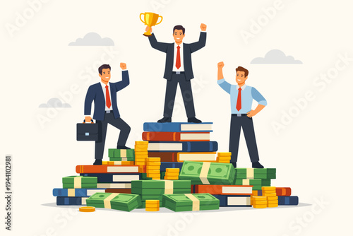 Successful businessmen standing on a pile of books and money bills celebrating achievement with a gold trophy. Concept of financial growth, education, and career success in flat vector style.