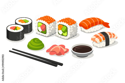 Flat Vector Illustration of a Delicious Sushi Set with Maki Rolls, California Rolls, Salmon and Shrimp Nigiri, Wasabi, Ginger, Soy Sauce, and Chopsticks Isolated on a Clean White Background