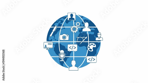 Technology Icons on Blue Globe.