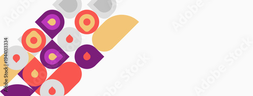 Abstract geometric shapes, circles, semicircles, vibrant colors. Composition leans toward upper left corner, white background dominates.