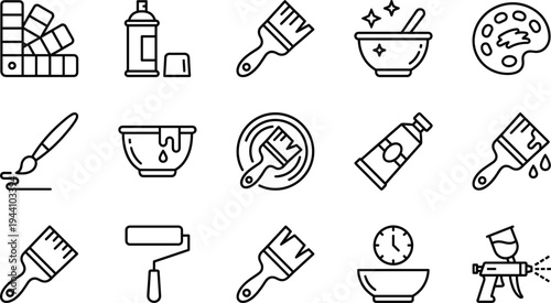 Professional Painting and Art Supplies Icon Set Featuring Paint Brushes, Color Swatches, Spray Cans, Paint Rollers, Palettes, Mixing Bowls, And Artistic Tool Outline Graphics.