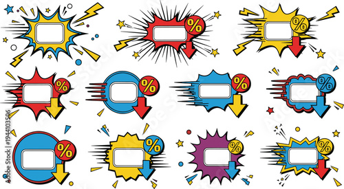 Comic style sale badges with discount percent symbols explosion shapes and arrow icons for retail promotion marketing vector illustration set