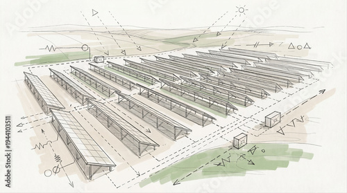 Solar Panel Farm Energy Generation Concept Sketch with Utility Scale Array Layout