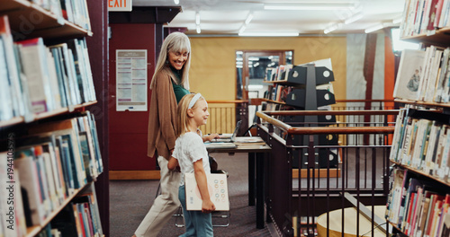 Obraz na plátně Child, grandma and walk in library with book, knowledge support or bonding together for development