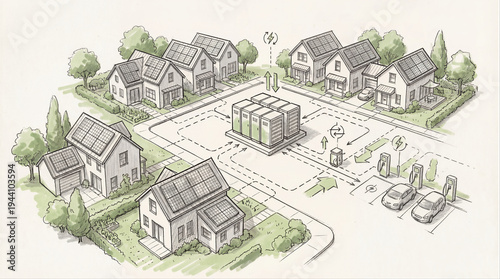 Solar Powered Neighborhood Energy System Concept Sketch with Battery Storage and EV Charging