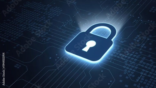 Digital padlock icon on abstract technology background with circuits