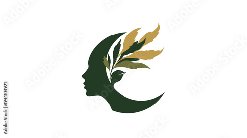 Stylized female profile with natural green and golden leaves, representing beauty, nature, growth, and eco-wellness