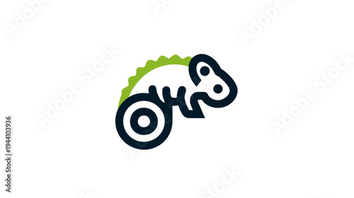 Minimalist line art chameleon icon with green accents. Abstract adaptive reptile logo design on a white background, modern style.