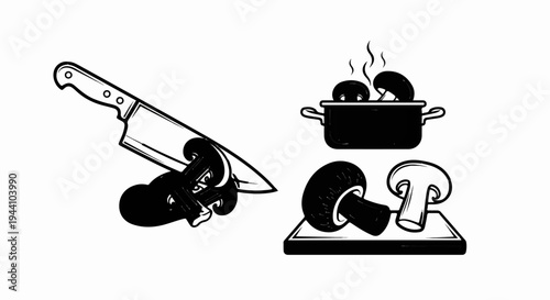 A chef's knife slices mushrooms next to a pot and cutting board