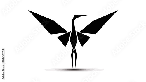 Elegant black geometric bird silhouette, abstract origami style crane or heron symbol with subtle shadow, isolated on white
