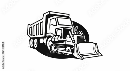 A black and white graphic depicts a bulldozer pushing material into a dump truck