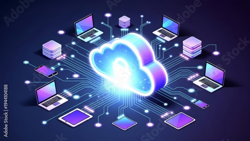 Cloud computing network with laptops and devices connected digitally
