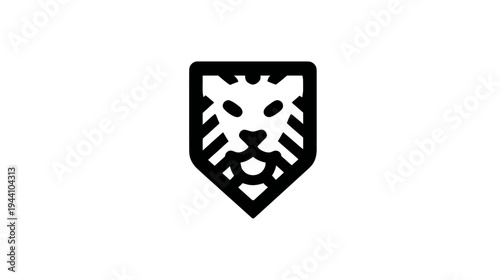 Modern geometric black outline lion head icon in a shield shape. Minimalist abstract animal symbol on white background.