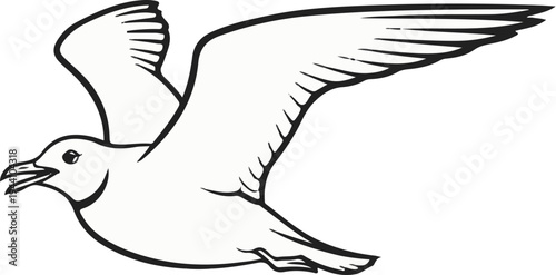 A black and white illustration of a seabird in mid-flight, its wings spread wide