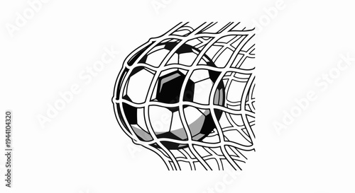 A black and white illustration of a soccer ball caught in a net
