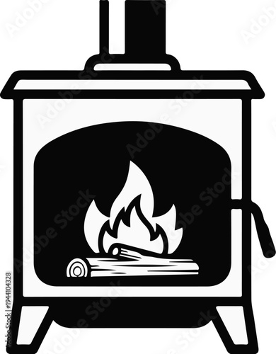 A black and white illustration of a wood-burning stove with a fire