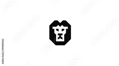 Stylized geometric lion head icon in black and white. Abstract animal symbol of strength, courage, power, and leadership for design.
