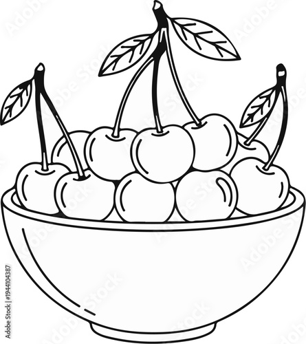 A black and white line drawing of a bowl filled with cherries and stems