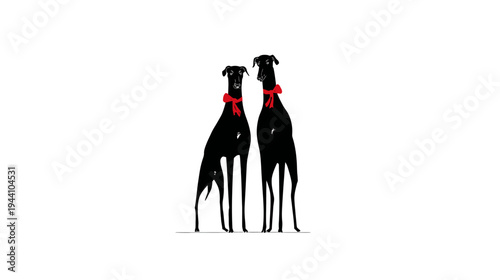 Minimalist graphic illustration of two elegant black sighthound dogs wearing festive red scarves, standing together as a pair