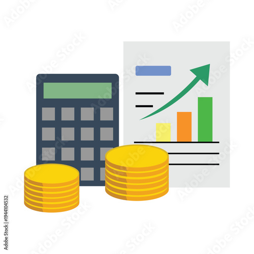 Illustration and business icon containing gold coin, calculator, chart data paper