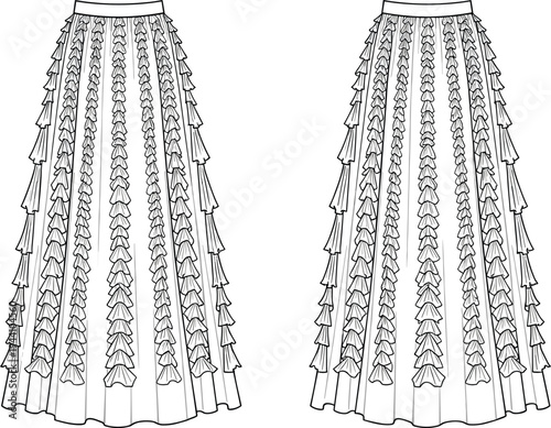 Fashion technical sketch of a high waisted tiered ruffle maxi skirt with vertical frill details cad drawing flat vector illustration