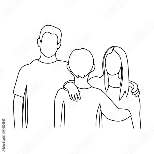 Simple black and white line art illustration depicting three friends showing affection with arms around each other shoulders