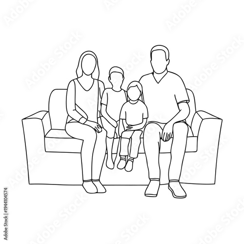 Minimalist line art illustration portraying a happy family of four sitting together on a comfortable sofa at home.