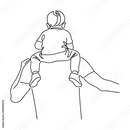 Minimalist continuous line drawing depicts a small child happily sitting atop an adult's shoulders viewing the world.