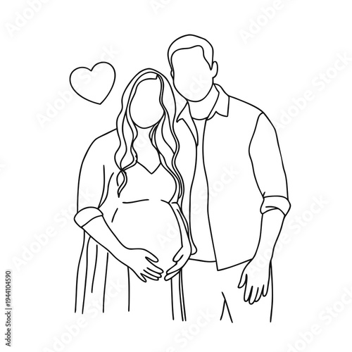 Minimalist line art illustration depicting a loving expectant couple celebrating upcoming parenthood together with affection