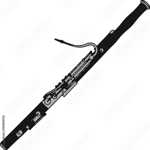 A black double-reed woodwind instrument with silver-colored keys and a curved metal crook
