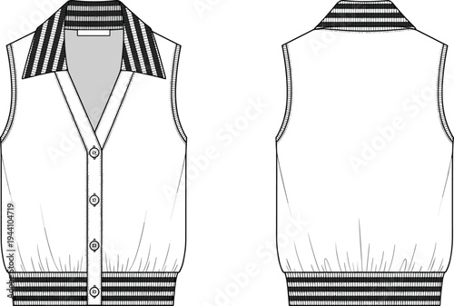Fashion technical sketch of a sleeveless v-neck button-up cardigan vest with striped ribbed collar and hem cad drawing flat vector illustration
