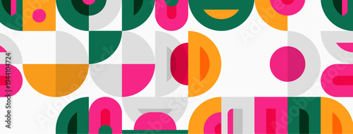 Abstract geometric pattern. Circles, semicircles, shapes repeat. Bright colors create playful design. Modern aesthetic.