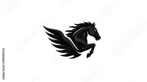 Majestic black winged horse illustration, powerful mythological Pegasus icon, fantasy animal symbol on white background.
