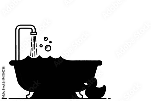 A black silhouette of a clawfoot bathtub filling with water, with bubbles and a rubber duck
