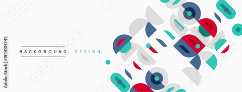 Abstract geometric shapes overlap, creating dynamic colorful background. Modern design elements suggest creativity, innovation.