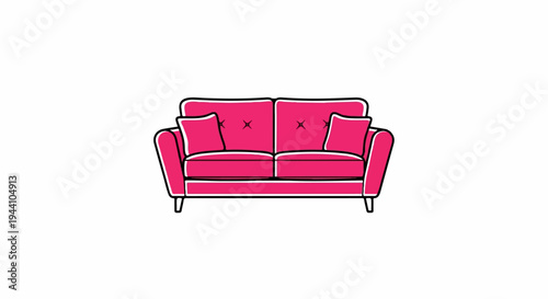 A bright pink sofa with tufted cushions and throw pillows
