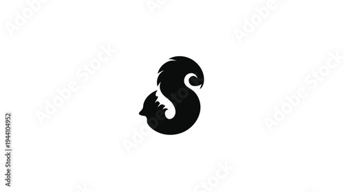 Stylized black squirrel silhouette with an S-shaped bushy tail, modern minimalist animal graphic design icon or logo concept