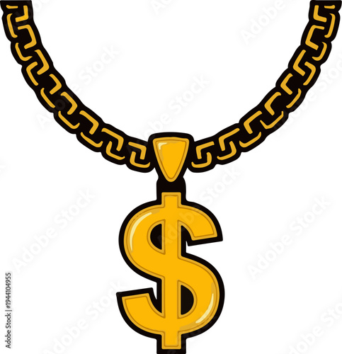 A thick, golden chain hangs a large, stylized dollar sign pendant