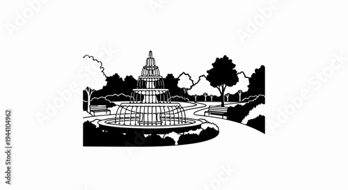 A tiered fountain sits in a park setting with benches and trees