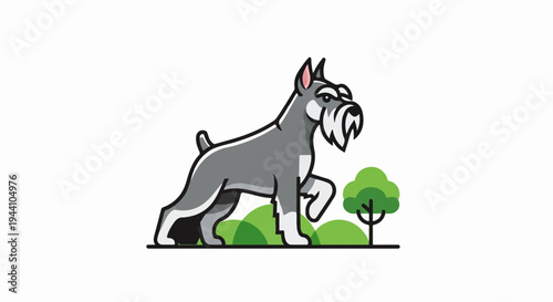 A stylized gray dog with bushy eyebrows and beard walks in a park