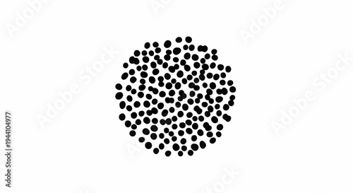 A tight cluster of numerous black dots forming a circular shape on a white background