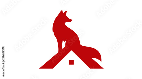 Stylized red fox on house roof icon, creative graphic concept for home, cleverness, or animal-related themes, isolated on white.