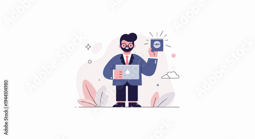 A businessman holds a laptop and a device showing a circuit design