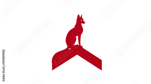 Modern minimalist red fox silhouette icon perched on a bold red upward-pointing arrow or chevron shape, isolated on a clean white background.